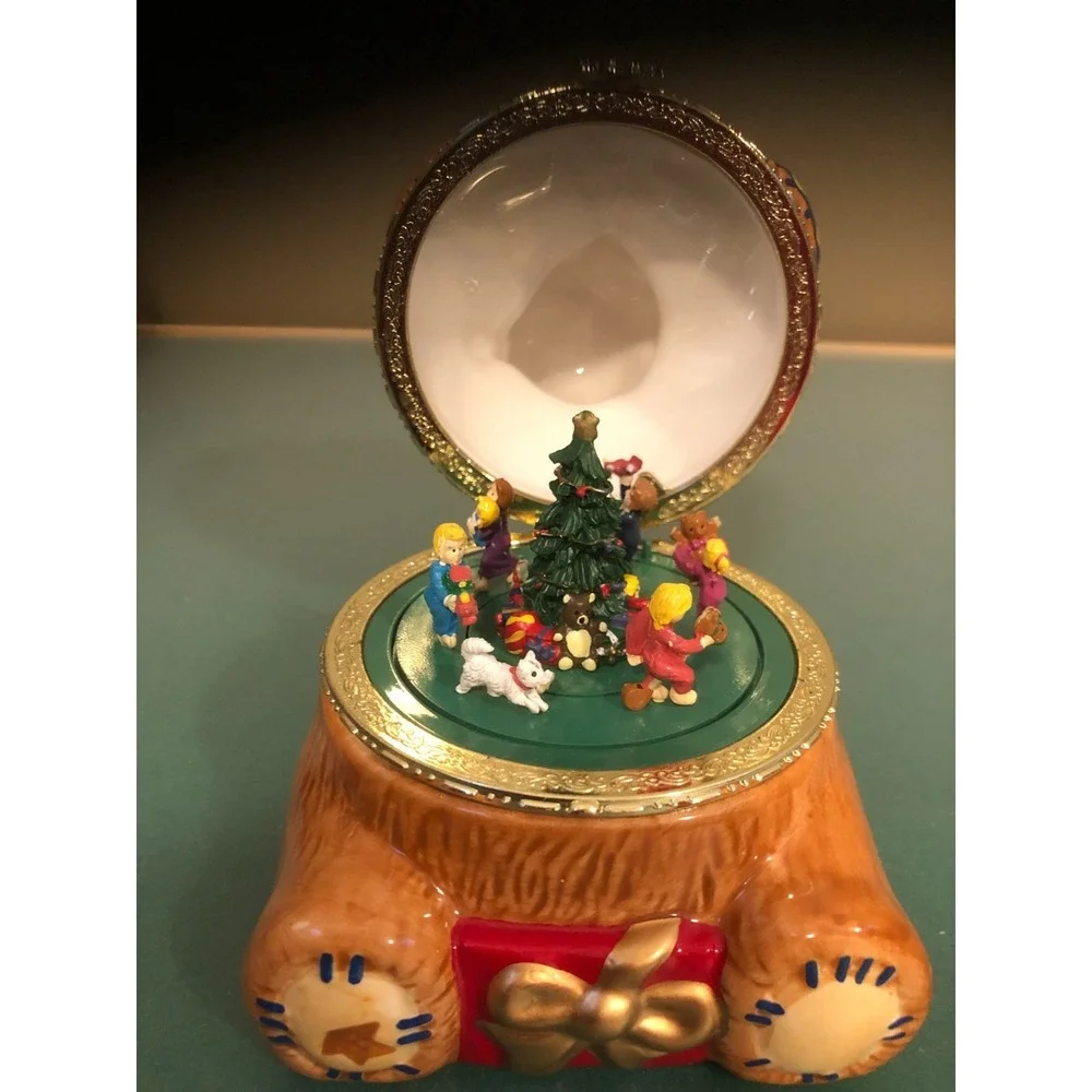 Mr. Christmas Porcelain Teddy Bear Hinged Music Box Animated Plays Jingle Bells